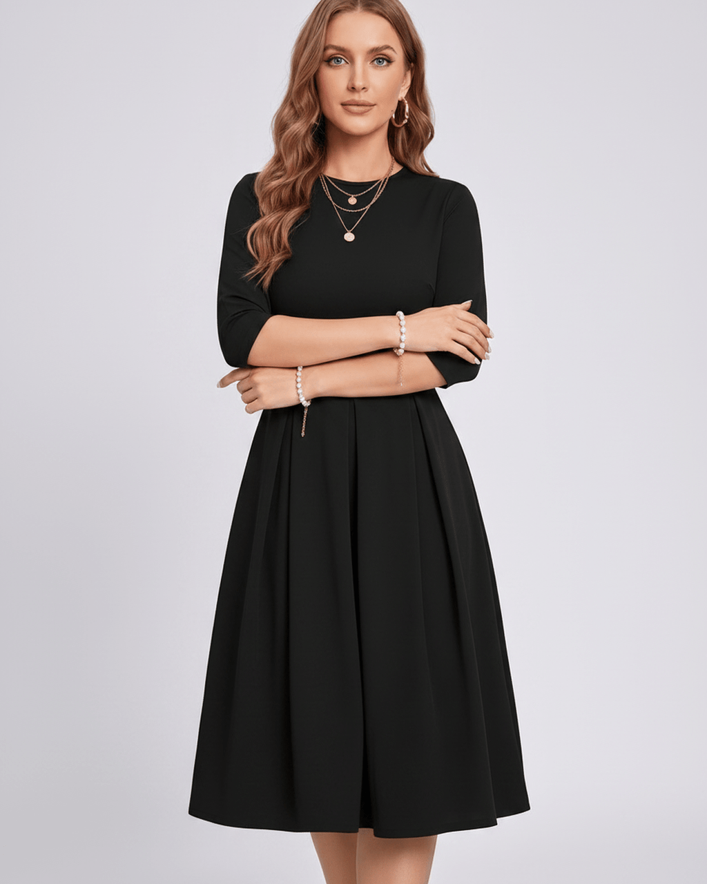 Aurielle Midi Dress by Lauven — polyester blend 3/4 sleeve crew neck A-line midi dress