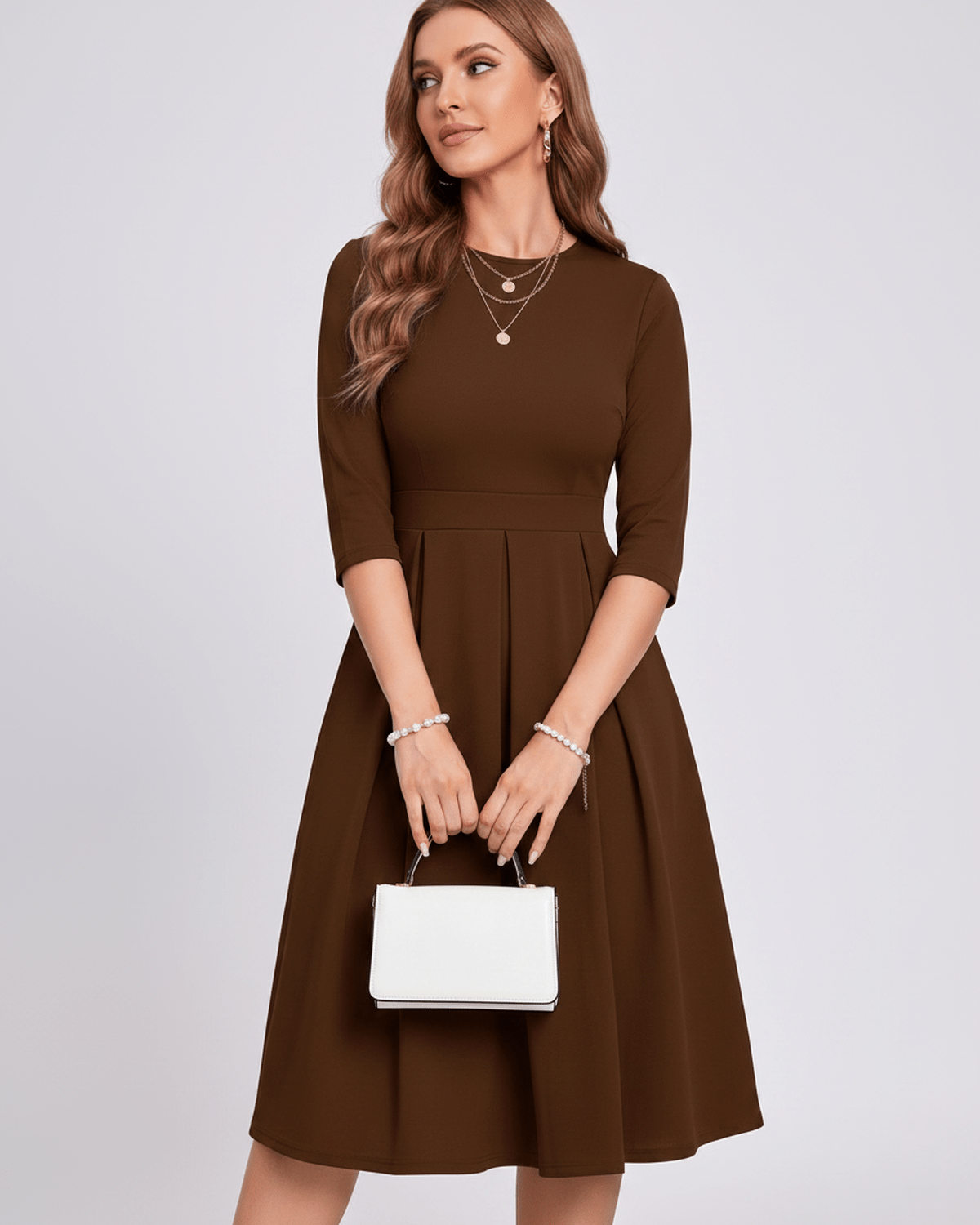 Aurielle Midi Dress by Lauven — polyester blend 3/4 sleeve crew neck A-line midi dress