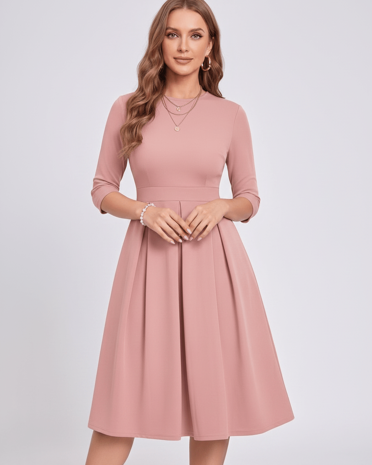 Aurielle Midi Dress by Lauven — polyester blend 3/4 sleeve crew neck A-line midi dress