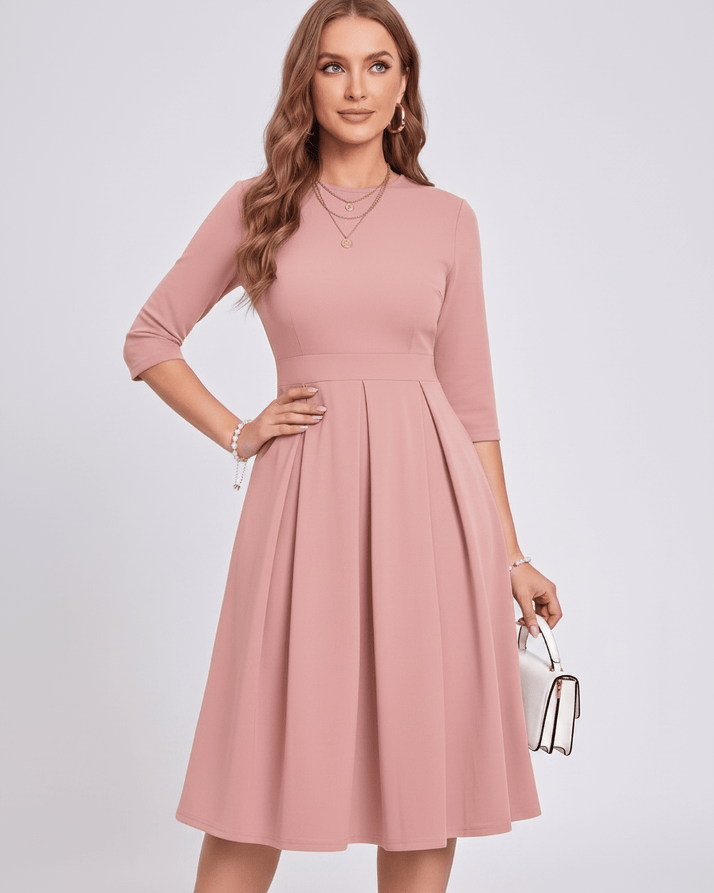 Aurielle Midi Dress by Lauven — polyester blend 3/4 sleeve crew neck A-line midi dress