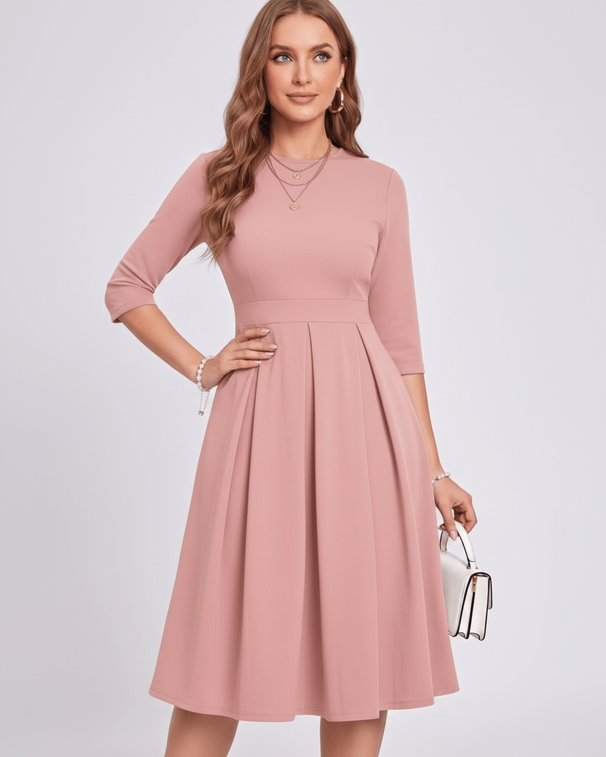 Aurielle Midi Dress by Lauven — polyester blend 3/4 sleeve crew neck A-line midi dress