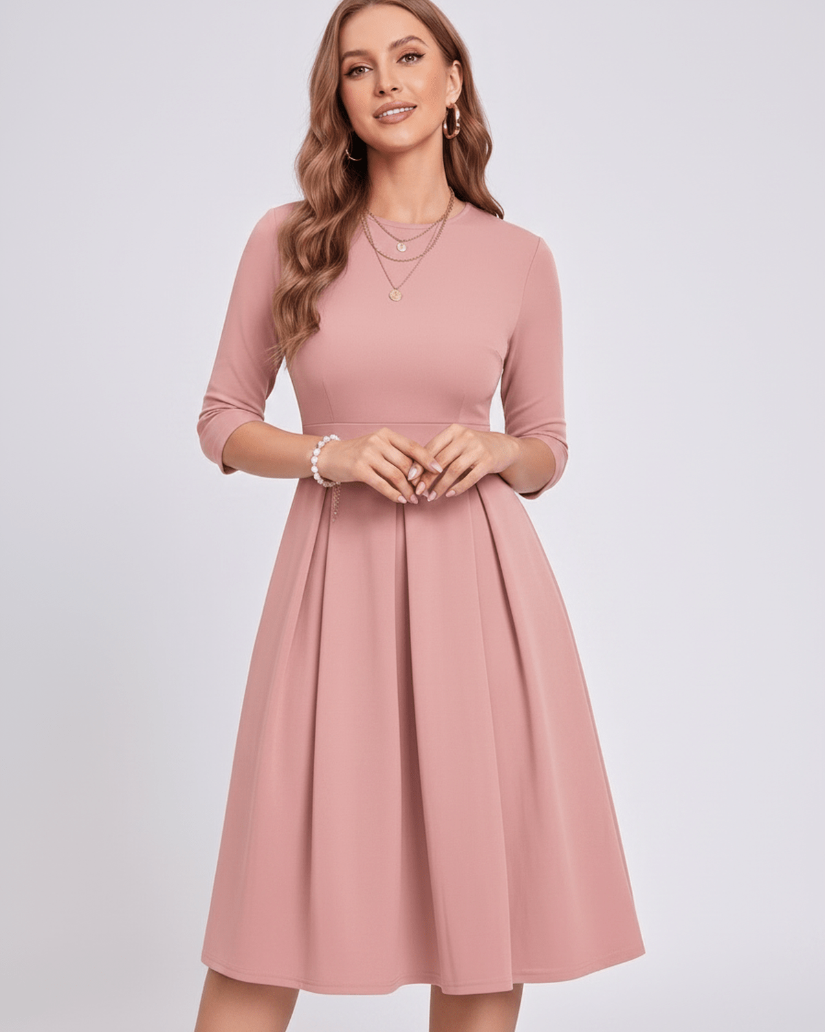 Aurielle Midi Dress by Lauven — polyester blend 3/4 sleeve crew neck A-line midi dress