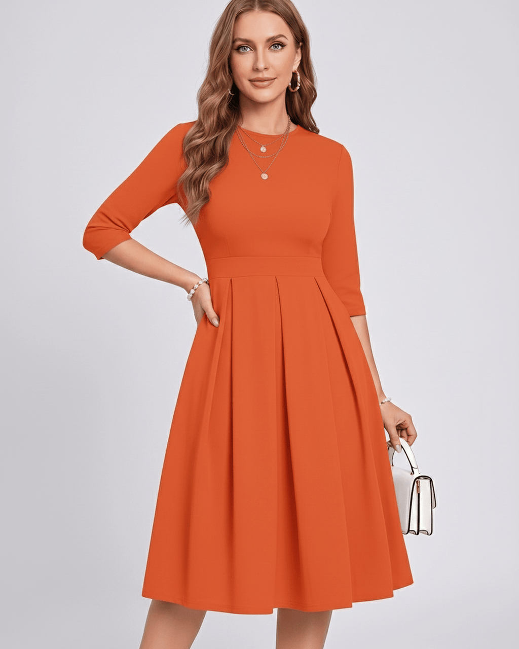 Aurielle Midi Dress by Lauven — polyester blend 3/4 sleeve crew neck A-line midi dress