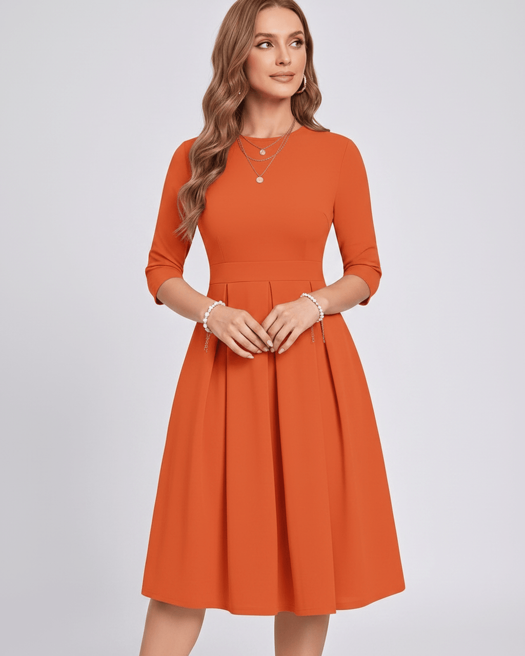 Aurielle Midi Dress by Lauven — polyester blend 3/4 sleeve crew neck A-line midi dress
