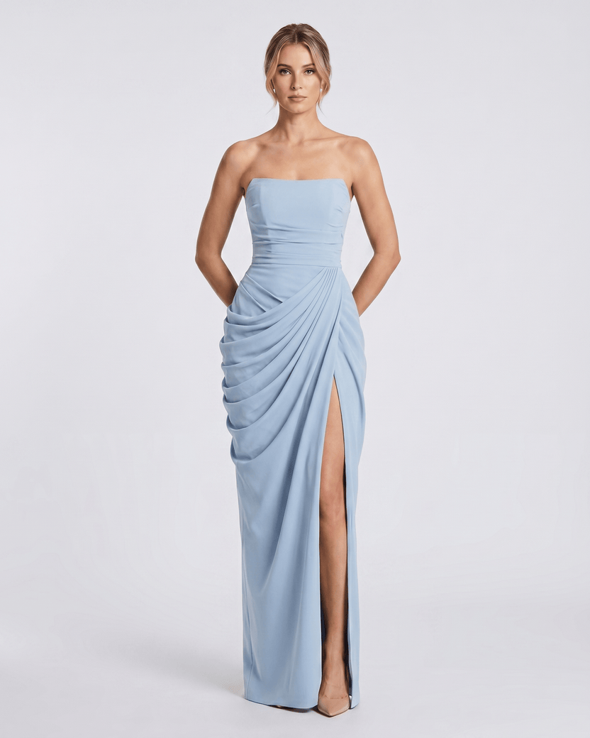 Aurelia Maxi Dress by Lauven — blue satin strapless maxi dress with draped silhouette and high slit