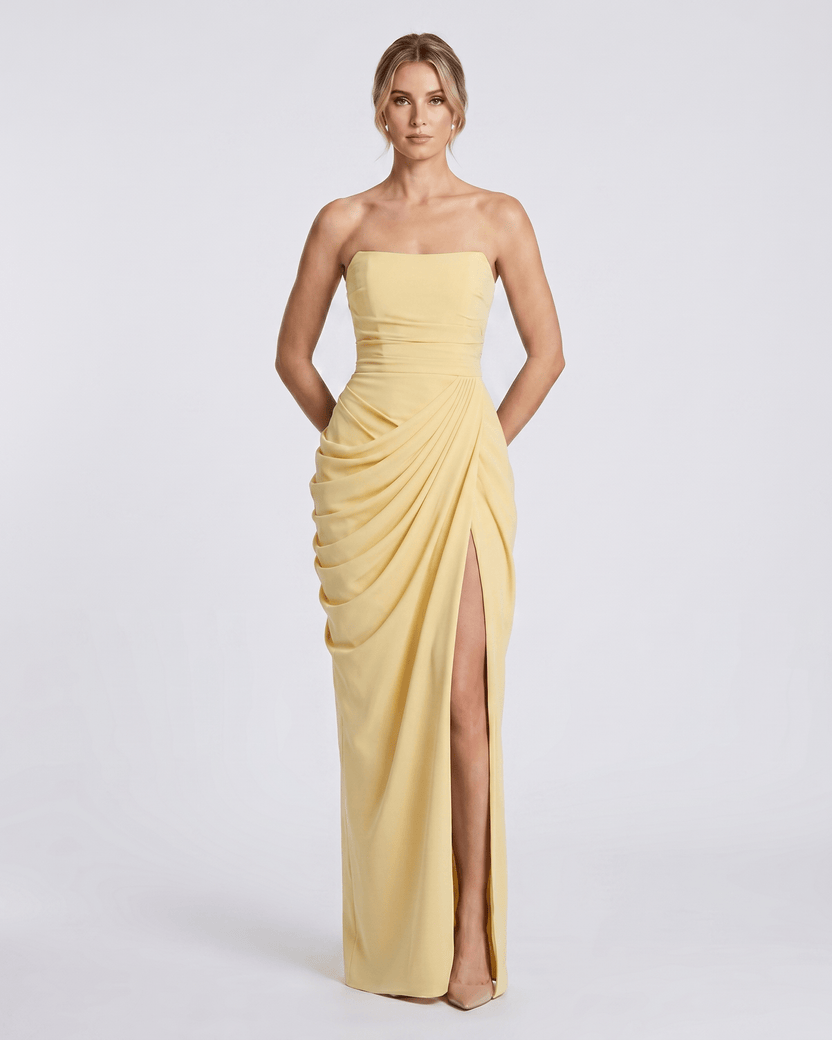 Aurelia Maxi Dress by Lauven — yellow satin strapless maxi dress with draped silhouette and high slit