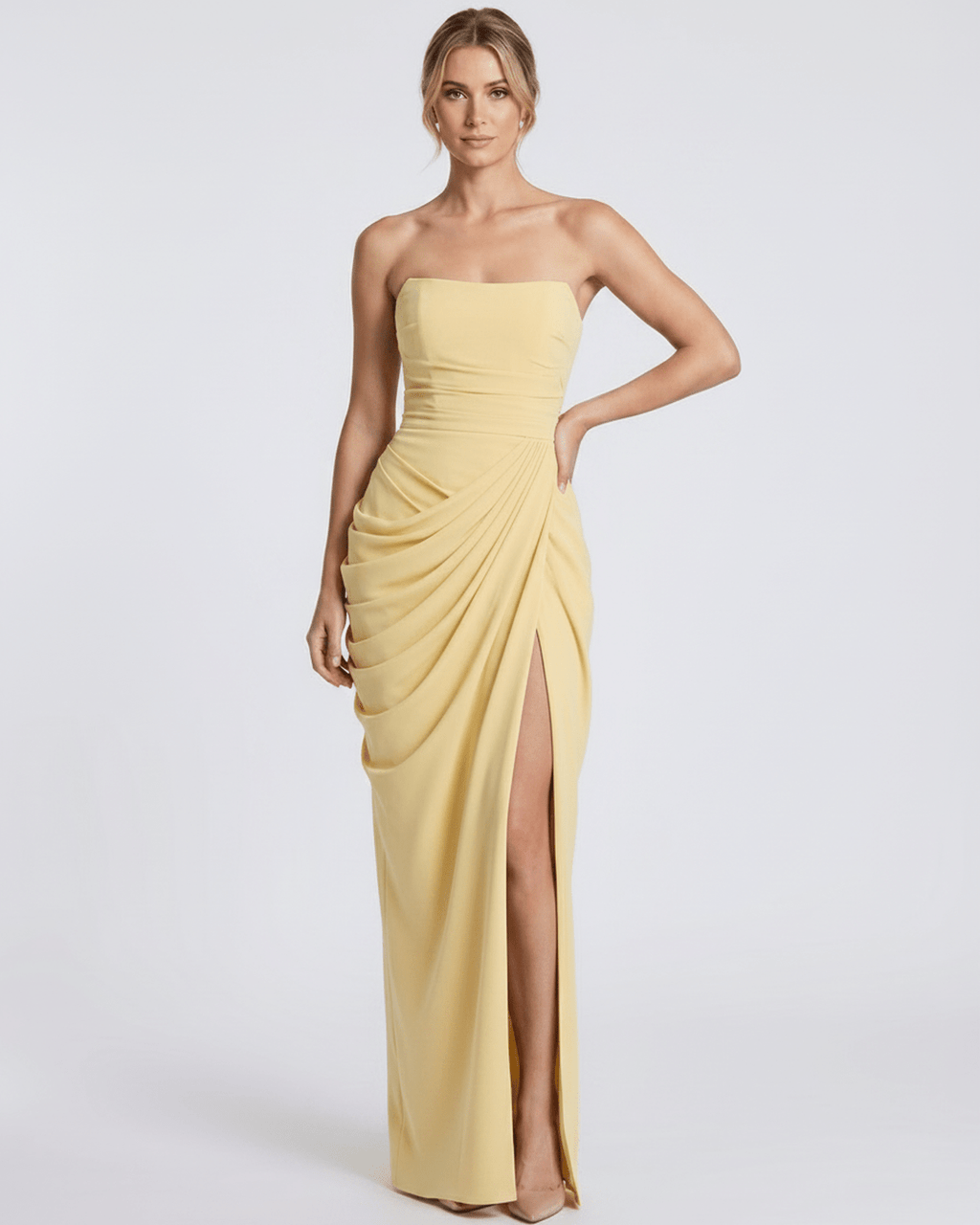 Aurelia Maxi Dress by Lauven — satin strapless maxi dress with draped silhouette and high slit