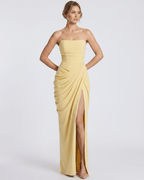 Aurelia Maxi Dress by Lauven — satin strapless maxi dress with draped silhouette and high slit