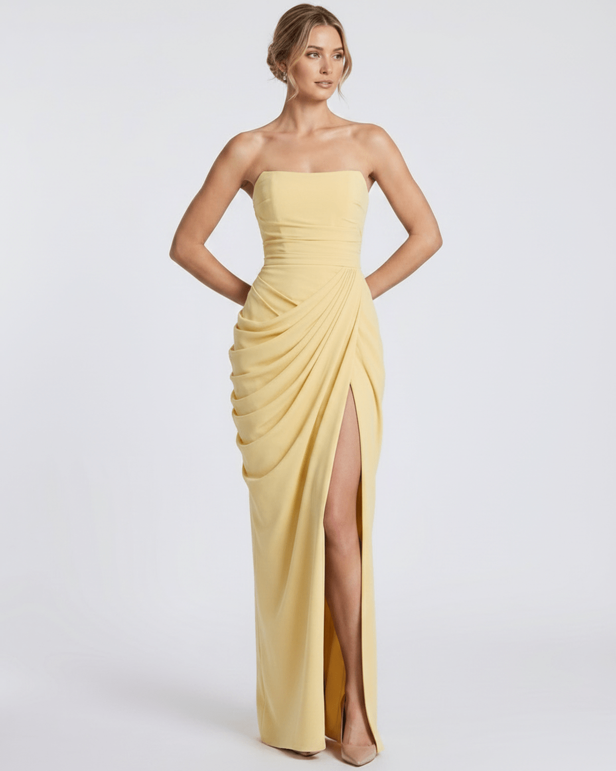Aurelia Maxi Dress by Lauven — satin strapless maxi dress with draped silhouette and high slit
