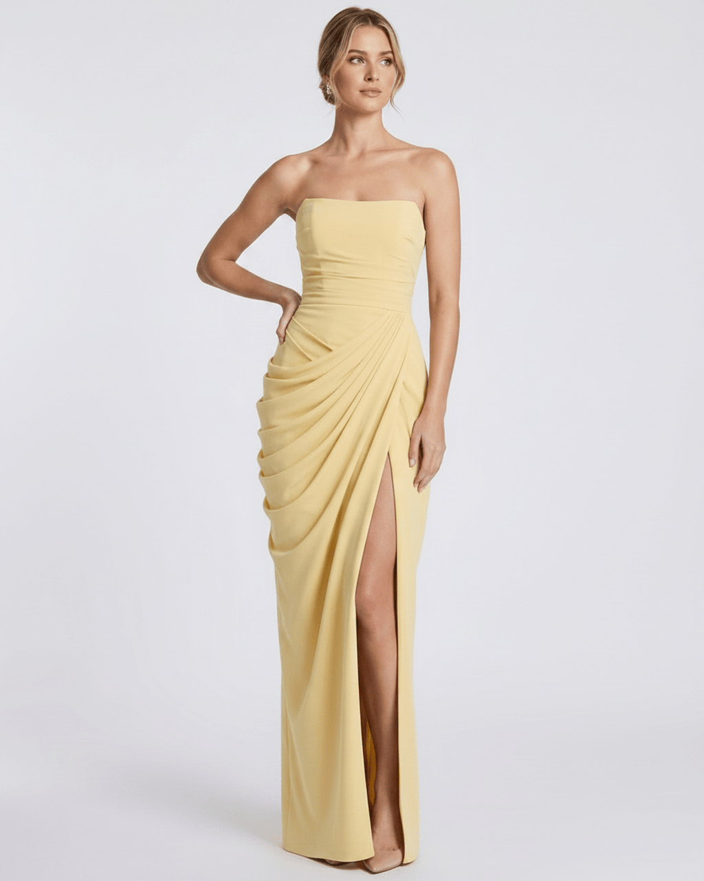 Aurelia Maxi Dress by Lauven — satin strapless maxi dress with draped silhouette and high slit