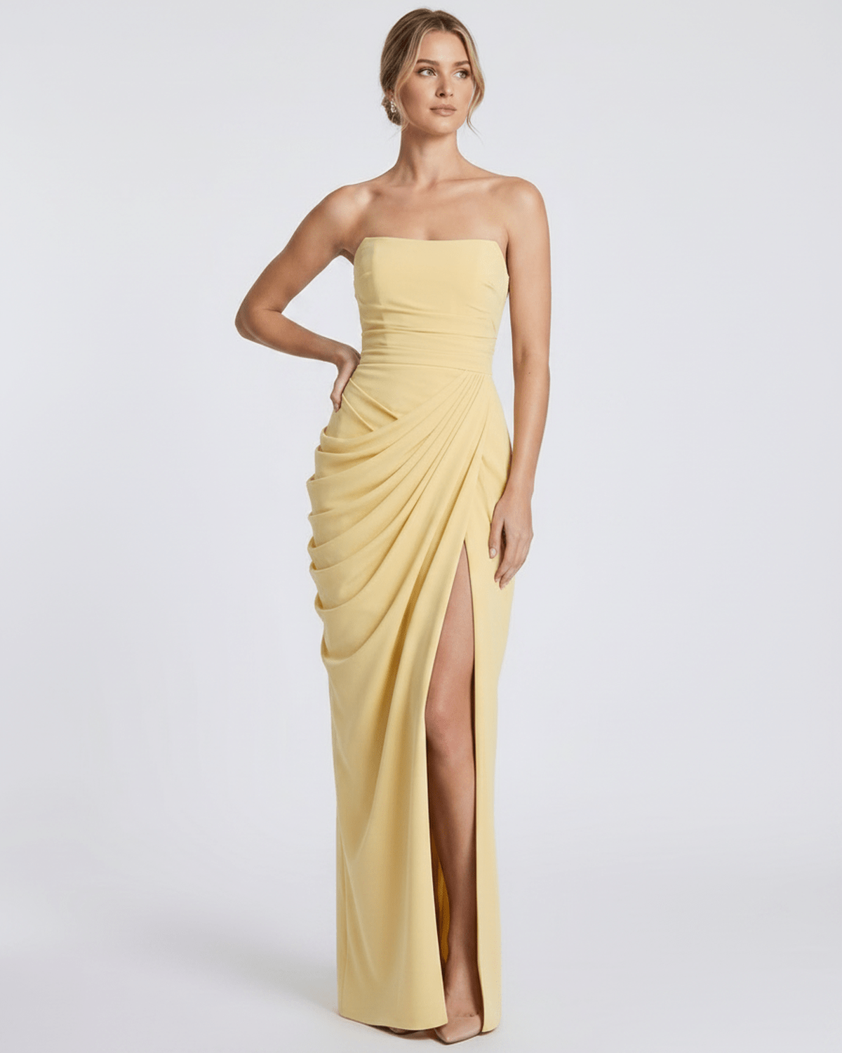 Aurelia Maxi Dress by Lauven — satin strapless maxi dress with draped silhouette and high slit