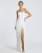 Aurelia Maxi Dress by Lauven — satin strapless maxi dress with draped silhouette and high slit