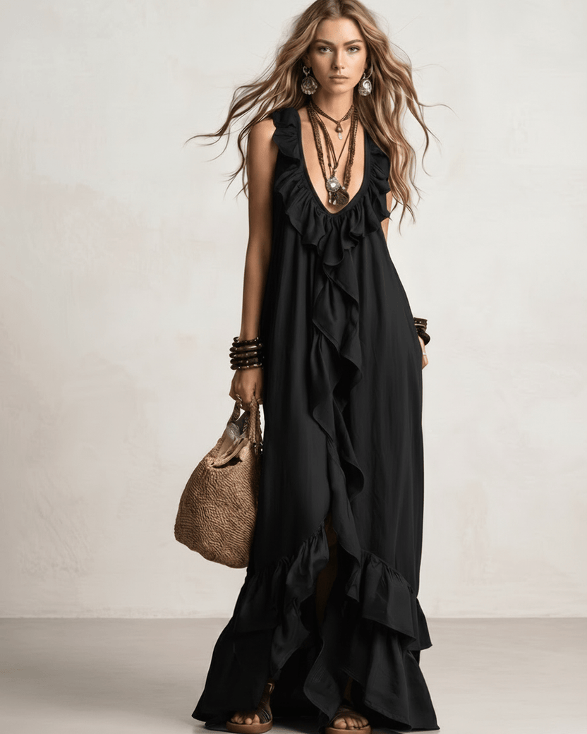 Solenne Maxi Dress by Lauven — black chiffon sleeveless V-neck loose maxi dress with ruffle detail