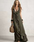 Solenne Maxi Dress by Lauven — chiffon sleeveless V-neck loose maxi dress with ruffle detail