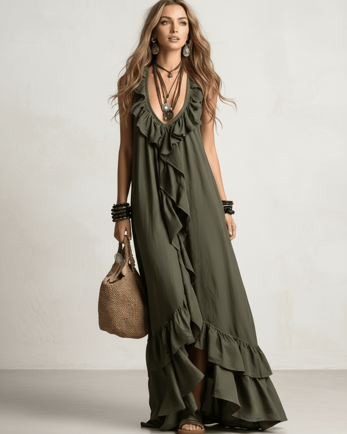 Solenne Maxi Dress by Lauven — chiffon sleeveless V-neck loose maxi dress with ruffle detail