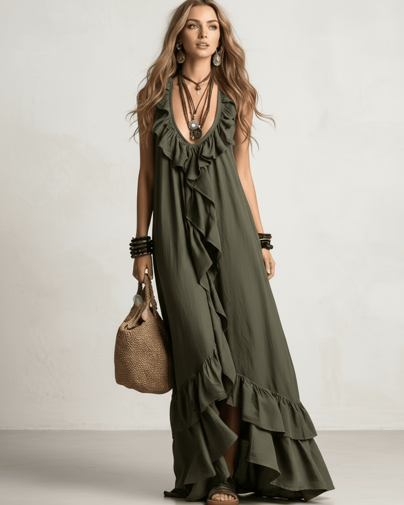 Solenne Maxi Dress by Lauven — chiffon sleeveless V-neck loose maxi dress with ruffle detail