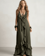 Solenne Maxi Dress by Lauven — chiffon sleeveless V-neck loose maxi dress with ruffle detail