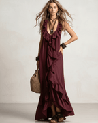 Solenne Maxi Dress by Lauven — chiffon sleeveless V-neck loose maxi dress with ruffle detail