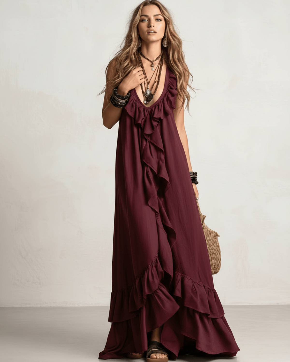 Solenne Maxi Dress by Lauven — chiffon sleeveless V-neck loose maxi dress with ruffle detail