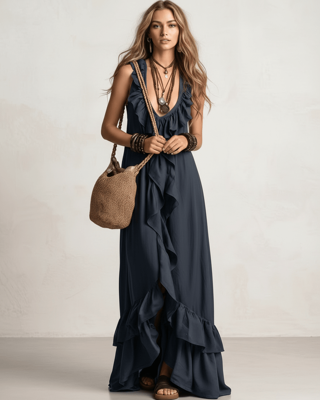 Solenne Maxi Dress by Lauven — chiffon sleeveless V-neck loose maxi dress with ruffle detail