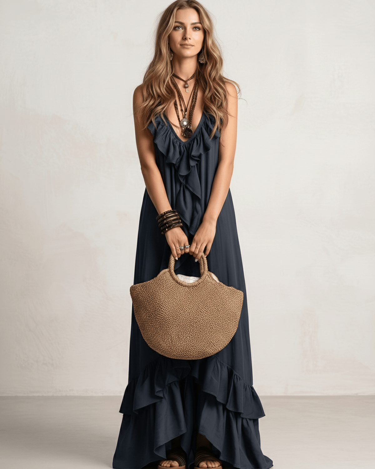 Solenne Maxi Dress by Lauven — chiffon sleeveless V-neck loose maxi dress with ruffle detail