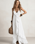 Solenne Maxi Dress by Lauven — chiffon sleeveless V-neck loose maxi dress with ruffle detail