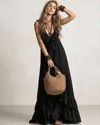 Solenne Maxi Dress by Lauven — chiffon sleeveless V-neck loose maxi dress with ruffle detail