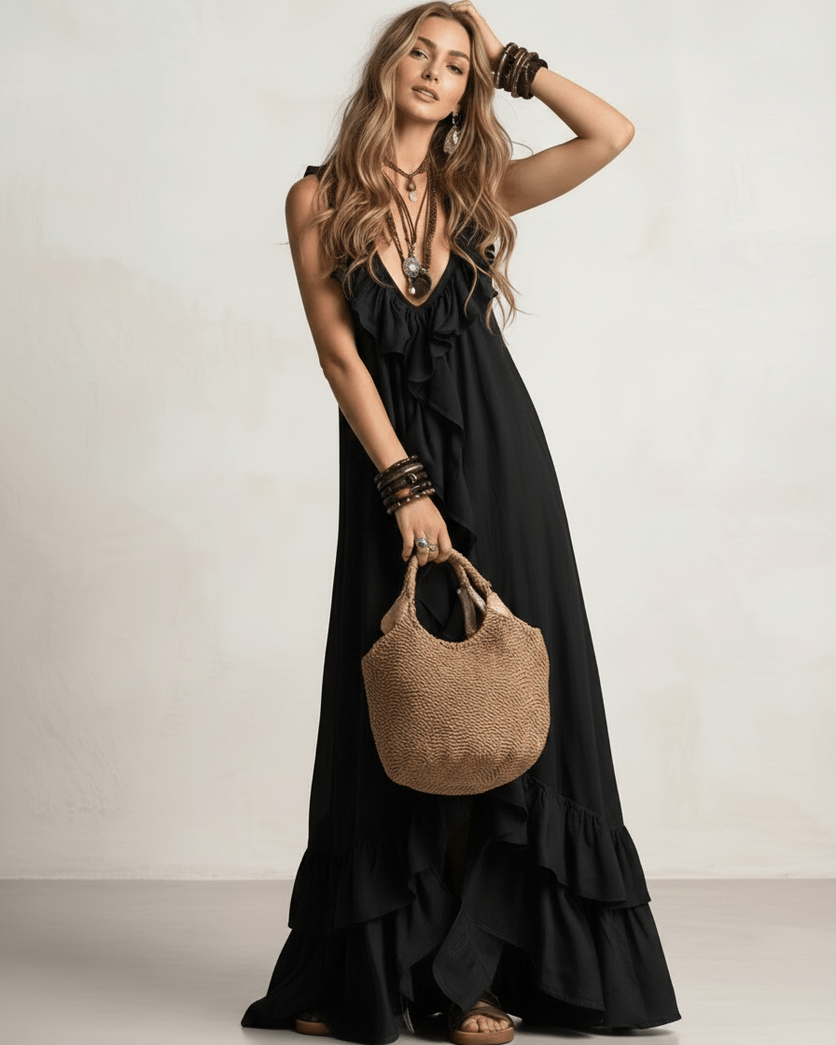 Solenne Maxi Dress by Lauven — chiffon sleeveless V-neck loose maxi dress with ruffle detail