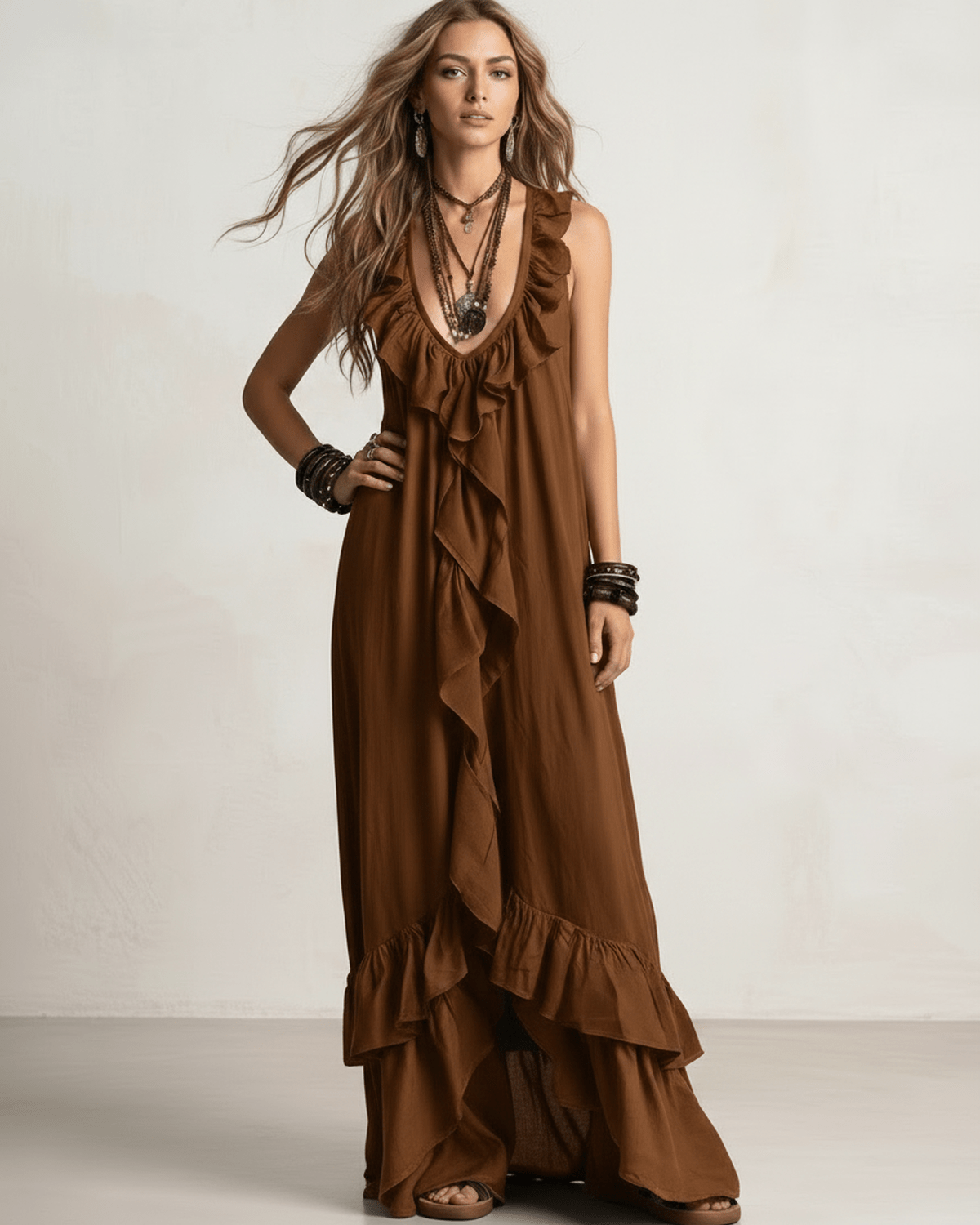 Solenne Maxi Dress by Lauven — chiffon sleeveless V-neck loose maxi dress with ruffle detail