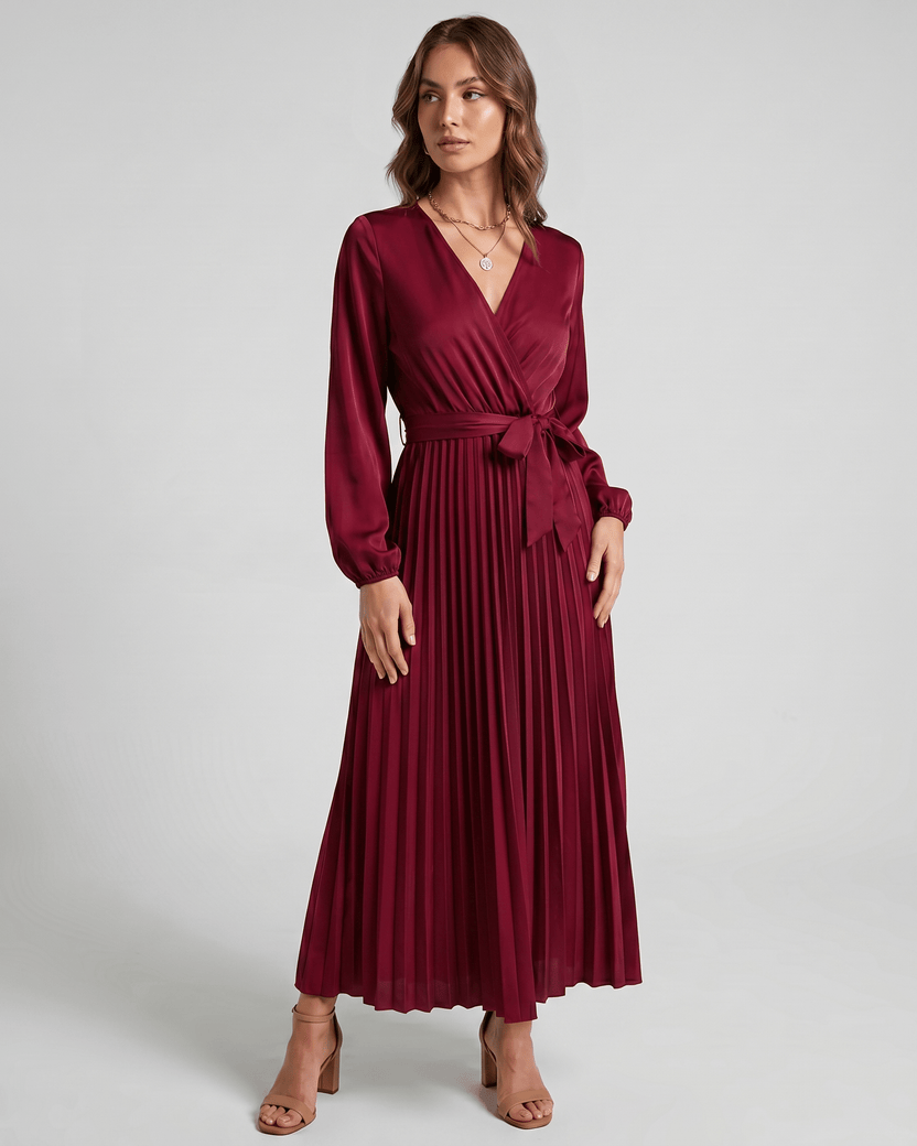 Elara Maxi Dress by Lauven — red satin long sleeve V-neck A-line maxi dress with pleats and tie waist