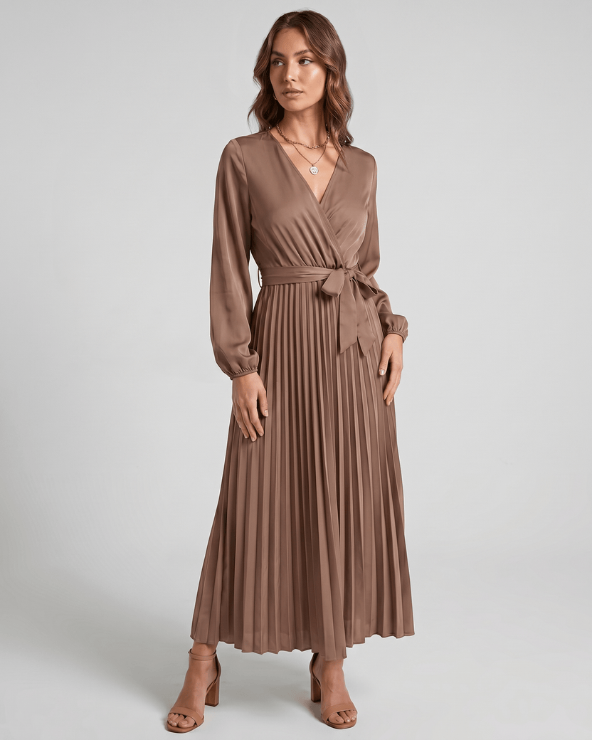Elara Maxi Dress by Lauven — brown satin long sleeve V-neck A-line maxi dress with pleats and tie waist