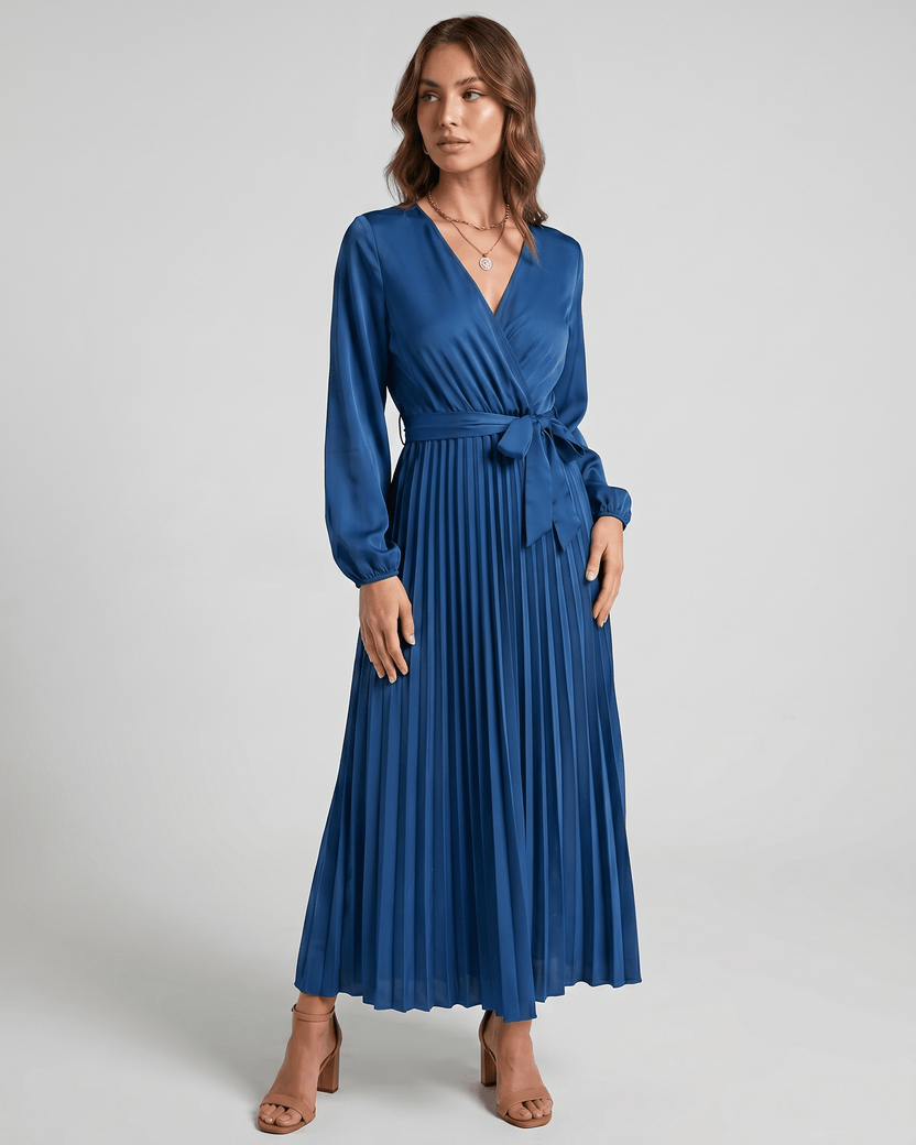 Elara Maxi Dress by Lauven — blue satin long sleeve V-neck A-line maxi dress with pleats and tie waist