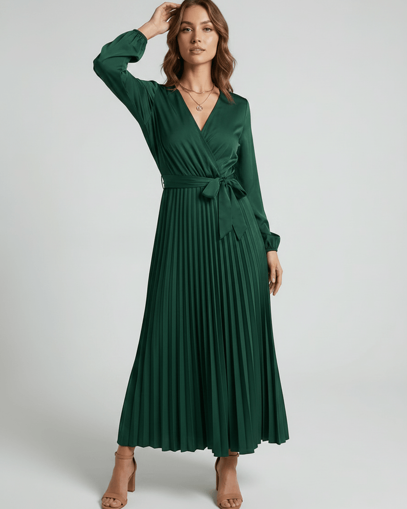 Elara Maxi Dress by Lauven — satin long sleeve V-neck A-line maxi dress with pleats and tie waist