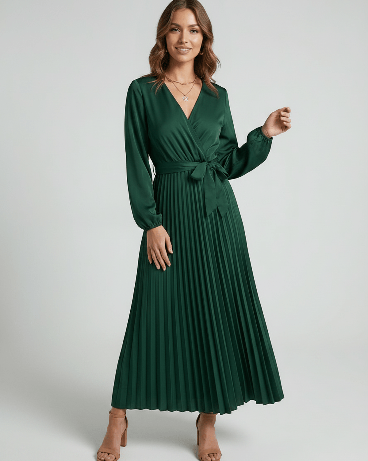 Elara Maxi Dress by Lauven — satin long sleeve V-neck A-line maxi dress with pleats and tie waist