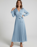 Elara Maxi Dress by Lauven — satin long sleeve V-neck A-line maxi dress with pleats and tie waist