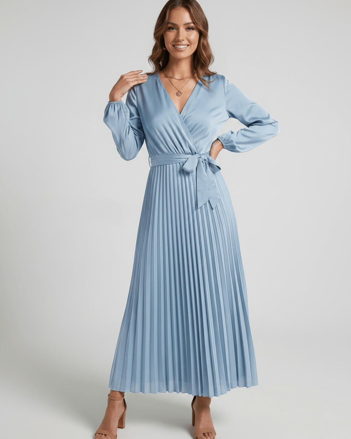 Elara Maxi Dress by Lauven — satin long sleeve V-neck A-line maxi dress with pleats and tie waist