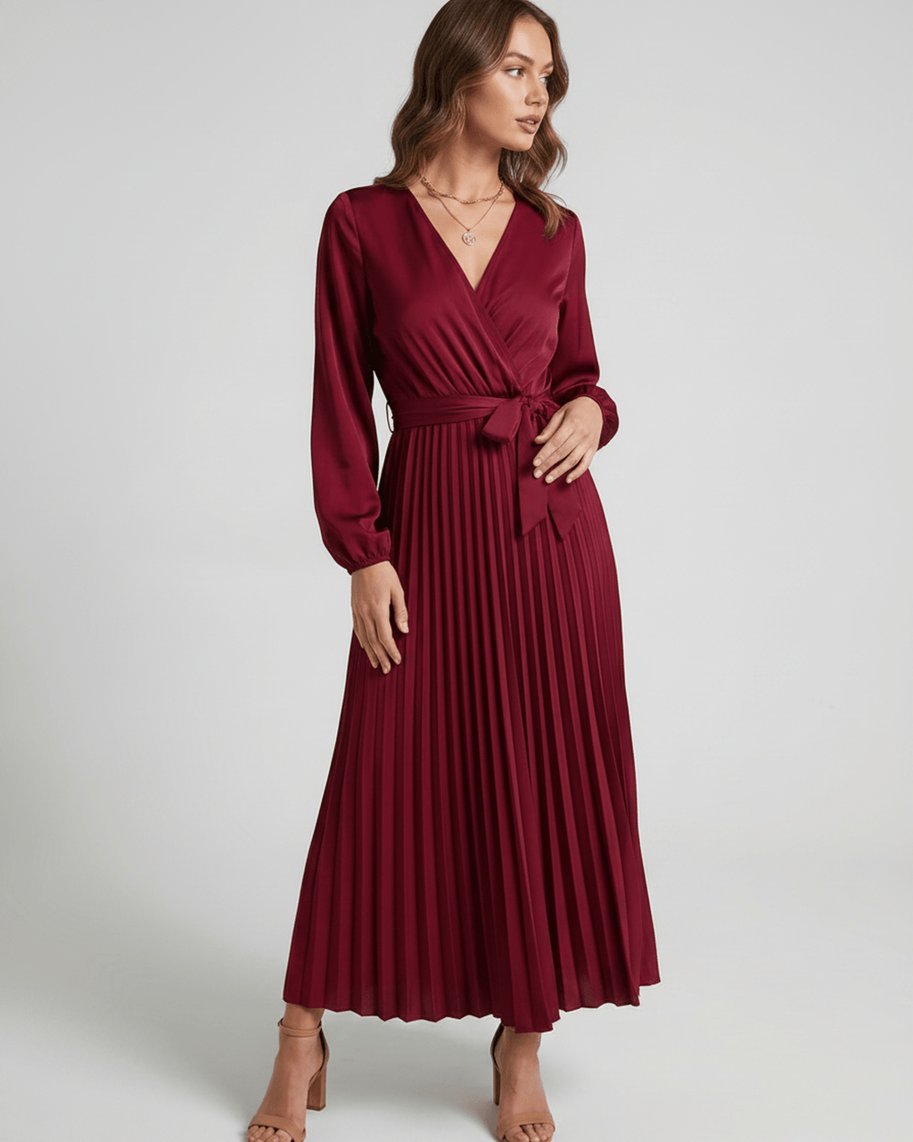 Elara Maxi Dress by Lauven — satin long sleeve V-neck A-line maxi dress with pleats and tie waist