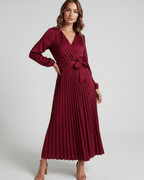 Elara Maxi Dress by Lauven — satin long sleeve V-neck A-line maxi dress with pleats and tie waist