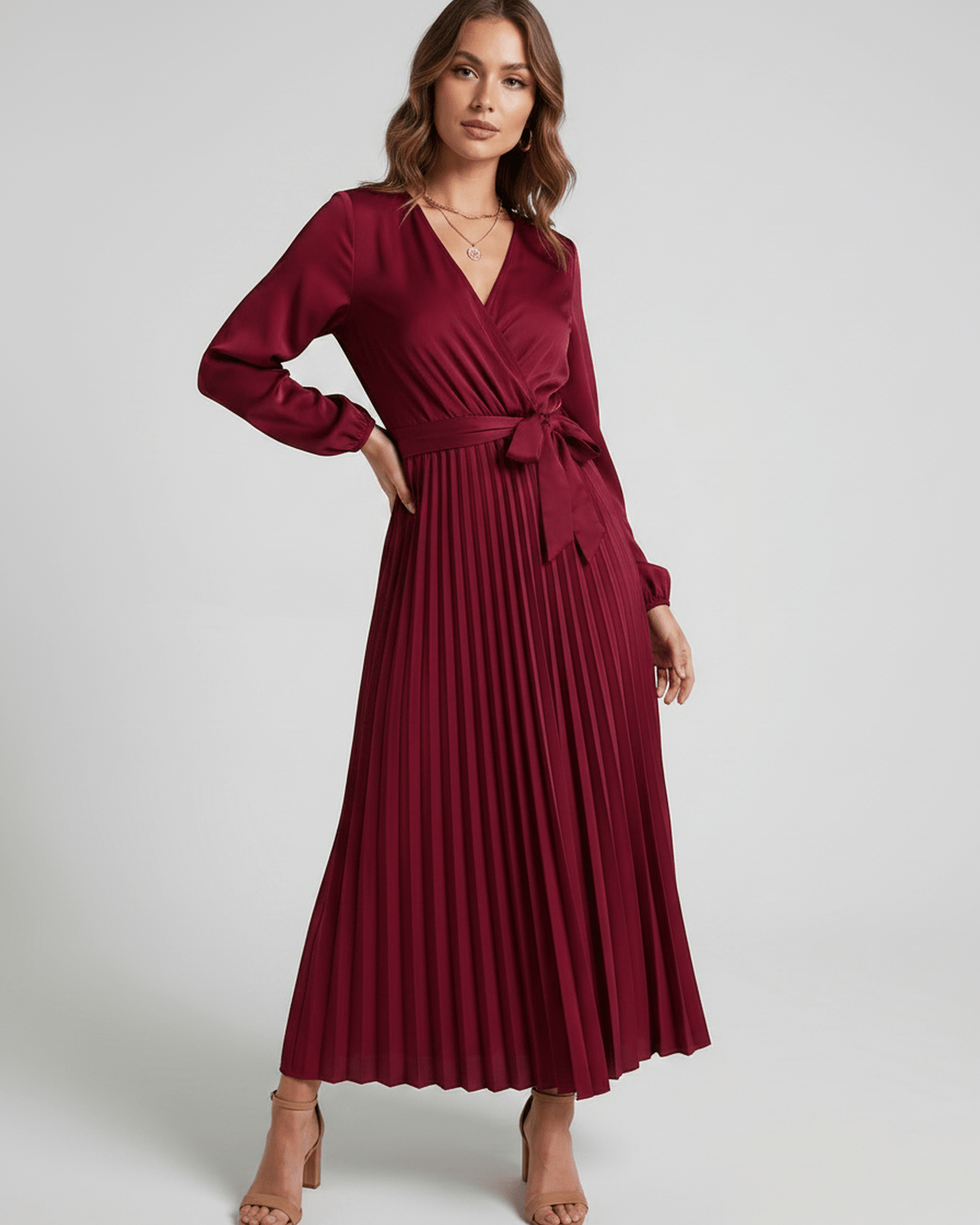 Elara Maxi Dress by Lauven — satin long sleeve V-neck A-line maxi dress with pleats and tie waist