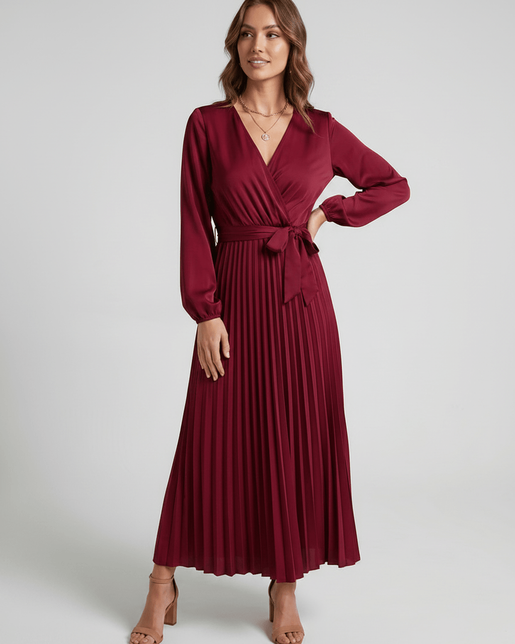 Elara Maxi Dress by Lauven — satin long sleeve V-neck A-line maxi dress with pleats and tie waist
