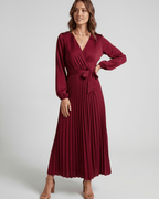 Elara Maxi Dress by Lauven — satin long sleeve V-neck A-line maxi dress with pleats and tie waist