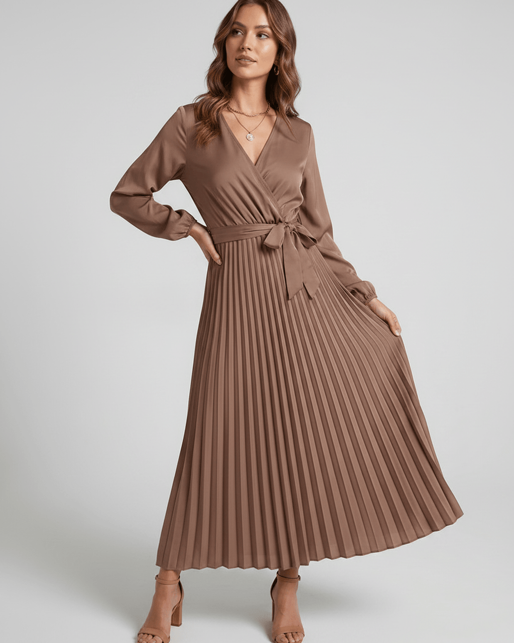 Elara Maxi Dress by Lauven — satin long sleeve V-neck A-line maxi dress with pleats and tie waist