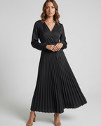 Elara Maxi Dress by Lauven — satin long sleeve V-neck A-line maxi dress with pleats and tie waist