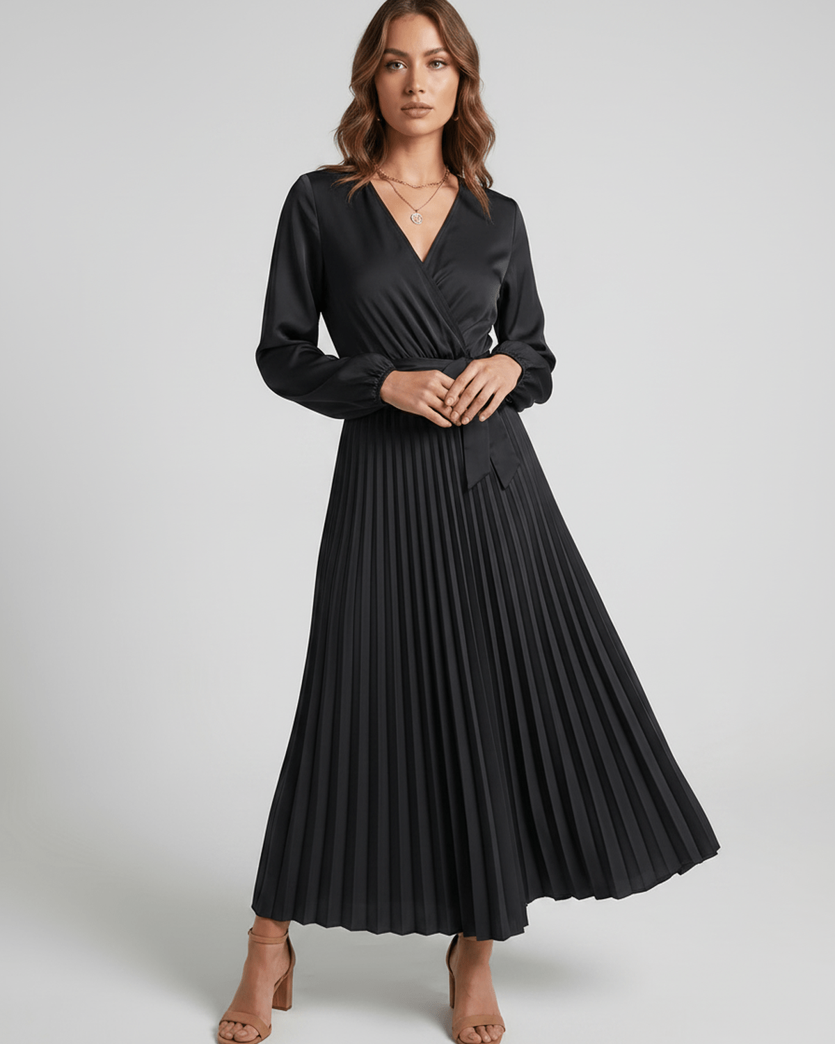 Elara Maxi Dress by Lauven — satin long sleeve V-neck A-line maxi dress with pleats and tie waist
