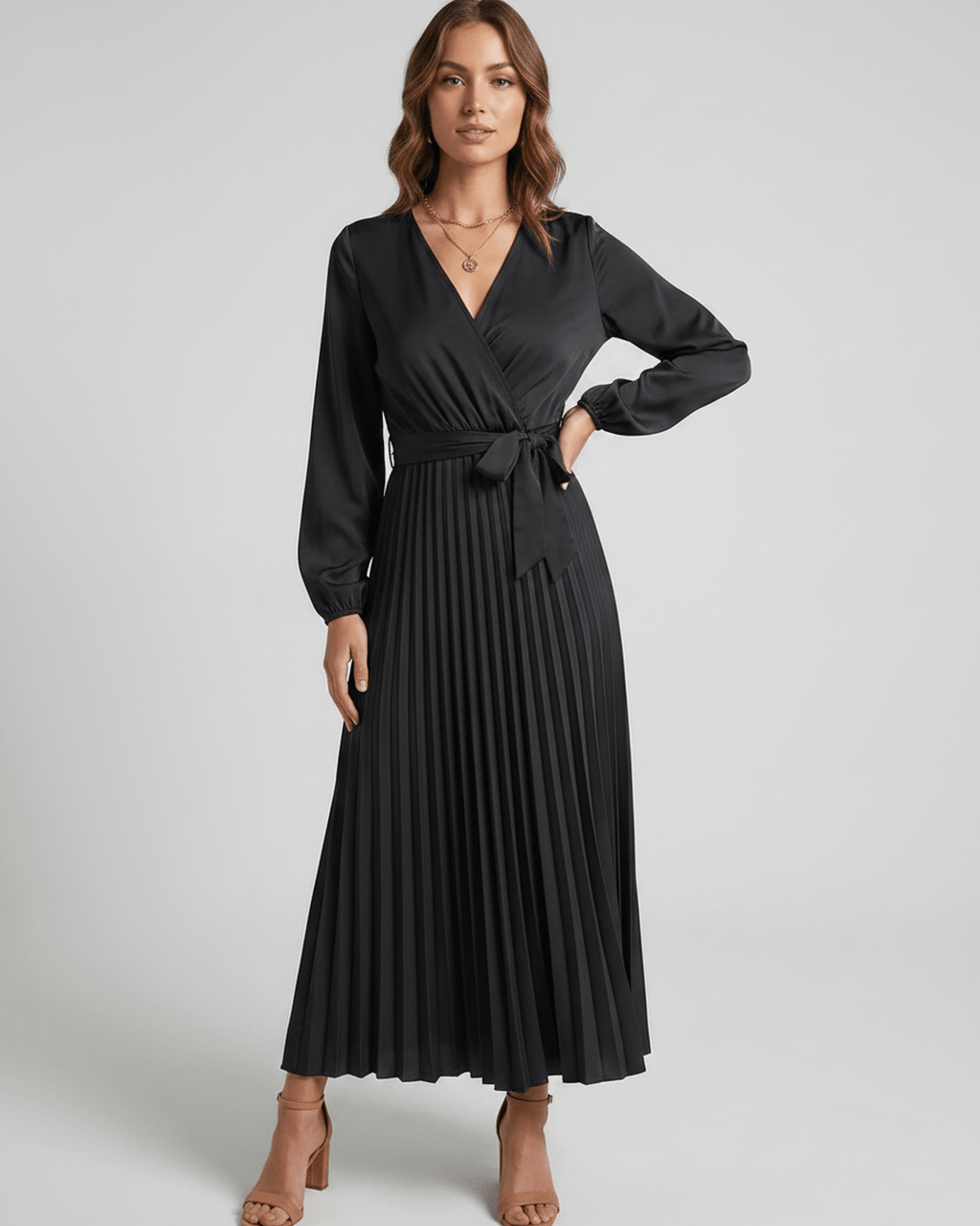 Elara Maxi Dress by Lauven — satin long sleeve V-neck A-line maxi dress with pleats and tie waist