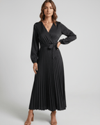 Elara Maxi Dress by Lauven — satin long sleeve V-neck A-line maxi dress with pleats and tie waist