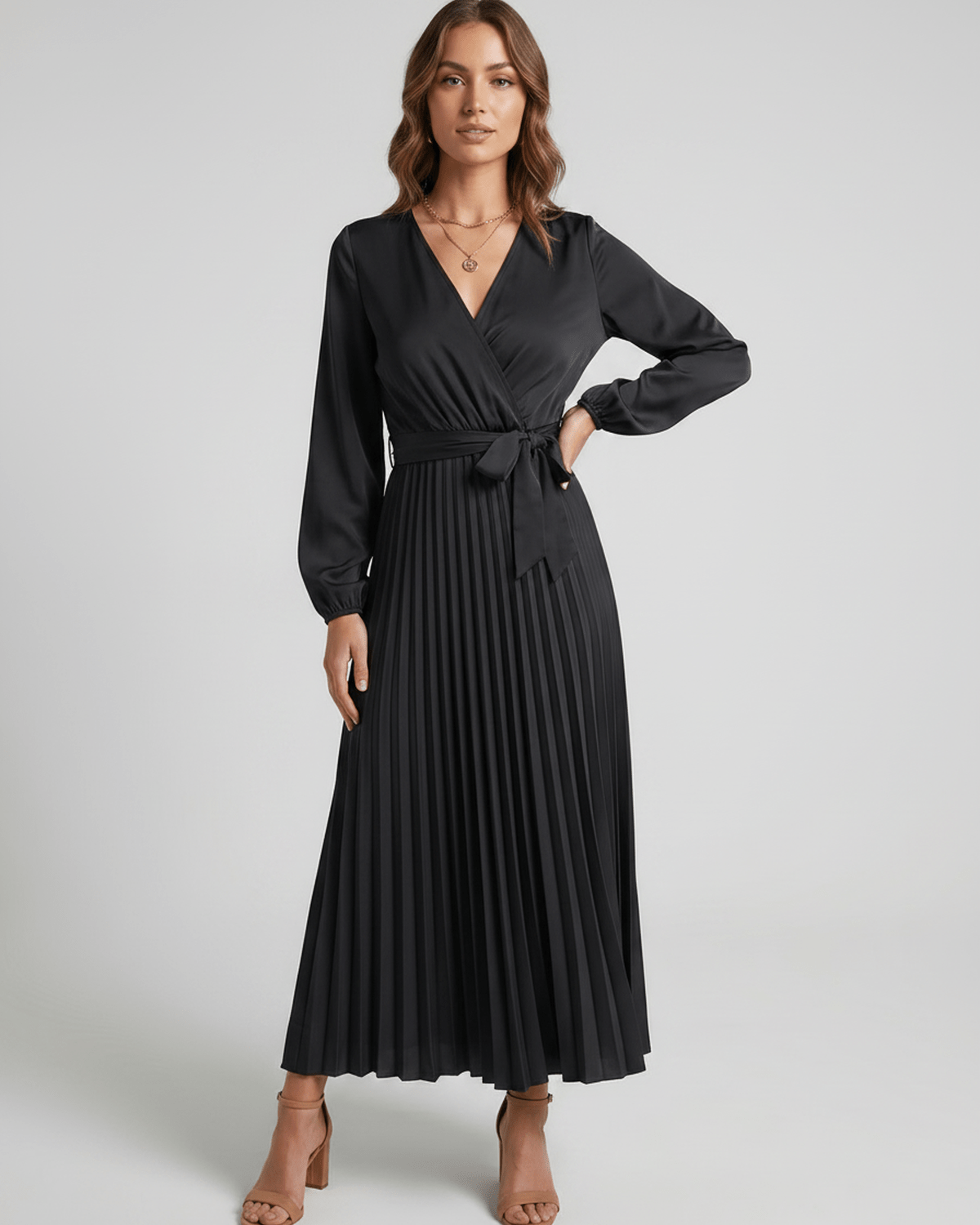 Elara Maxi Dress by Lauven — satin long sleeve V-neck A-line maxi dress with pleats and tie waist