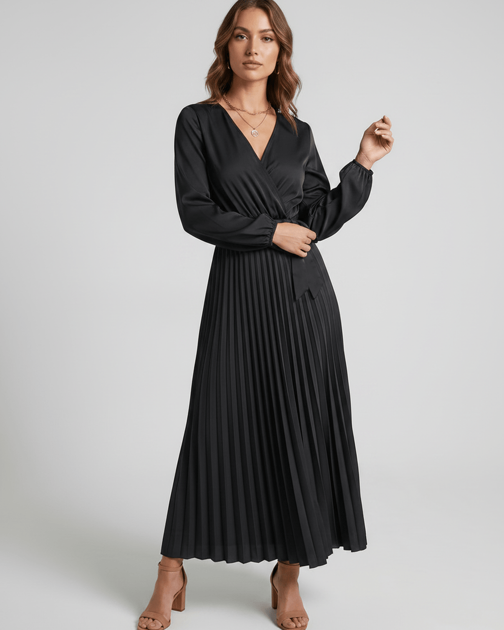 Elara Maxi Dress by Lauven — satin long sleeve V-neck A-line maxi dress with pleats and tie waist