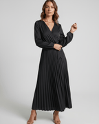 Elara Maxi Dress by Lauven — satin long sleeve V-neck A-line maxi dress with pleats and tie waist