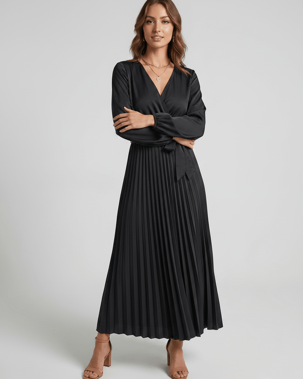 Elara Maxi Dress by Lauven — satin long sleeve V-neck A-line maxi dress with pleats and tie waist